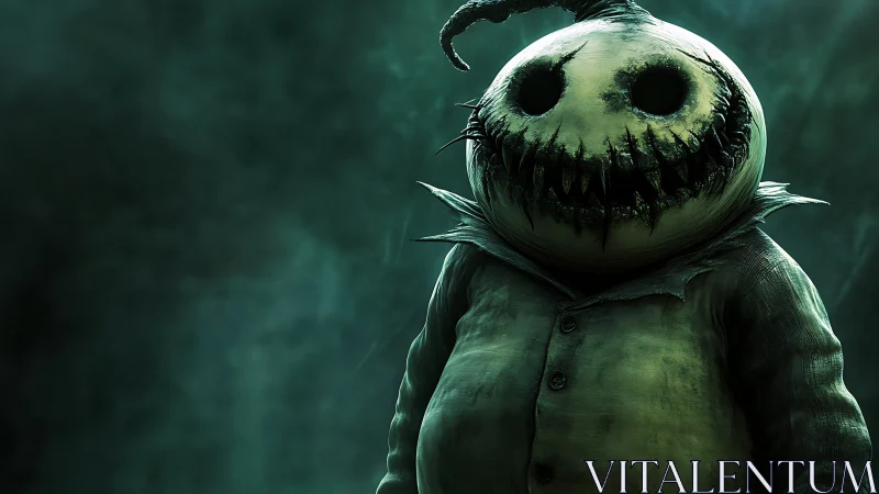 Night wanderer with a stitched pumpkin grin stands watching