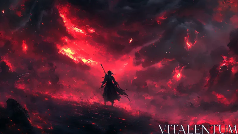 Lone sword warrior faces apocalyptic crimson storm sky.