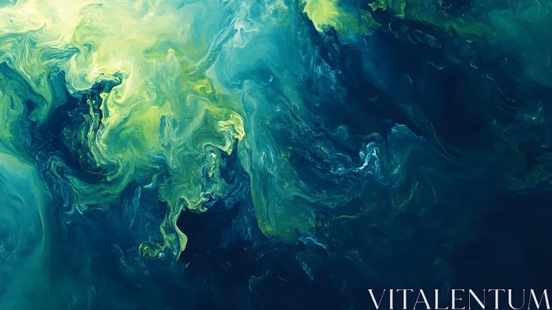 Turbulent teal and lime fluid dynamics rendered as swirling vortex
