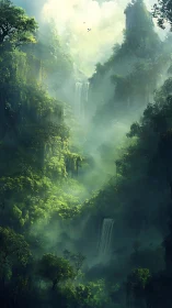 Misty canyon valley with cascading waterfalls and dense vegetation.