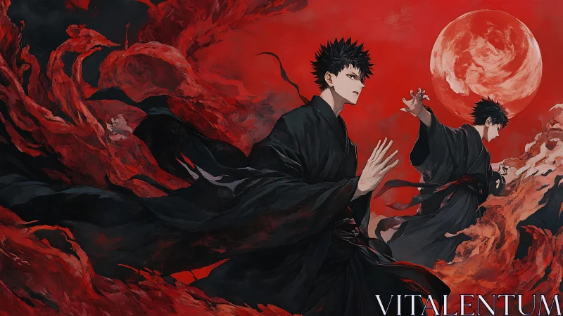 Twin sorcerers command crimson storms beneath blood moon.