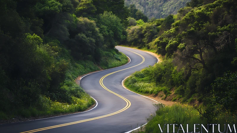 Curving two lane asphalt road winds through dense green forest