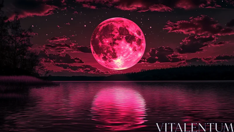 Crimson moon melts into the lake and stains the silent sky