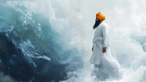 Serene figure in white walking through dreamlike ocean mist.