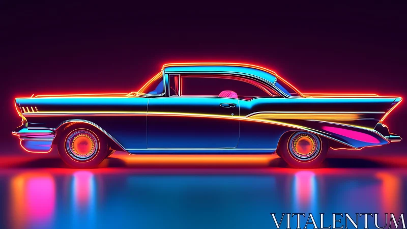 Neon highway cruiser bathing chrome fins in electric dusk.