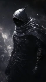 Hooded armored figure in dark atmospheric environment.