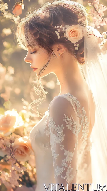 Side profile of bride in lace gown with floral hair accents.