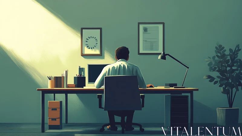 Person working at desk with computer in minimalist office environment