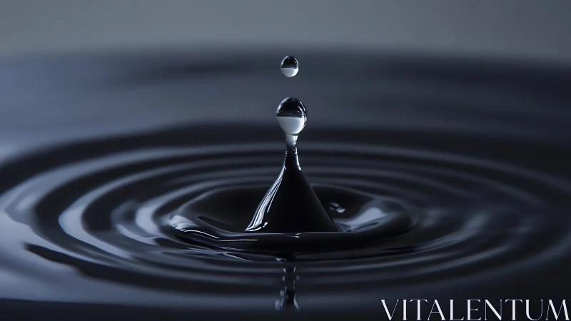 Single water droplet crowns dark liquid surface in macro focus
