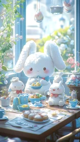 Plush rabbit characters at a daylight tea table setting.