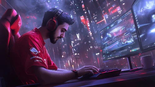 Esports player at dual-monitor gaming setup in neon studio.