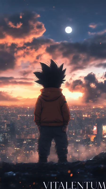 Backlit child silhouette over twilight megacity skyline