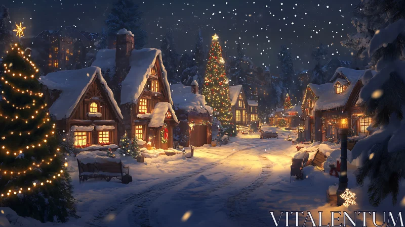 Snowy Christmas village street with glowing cottages at night.