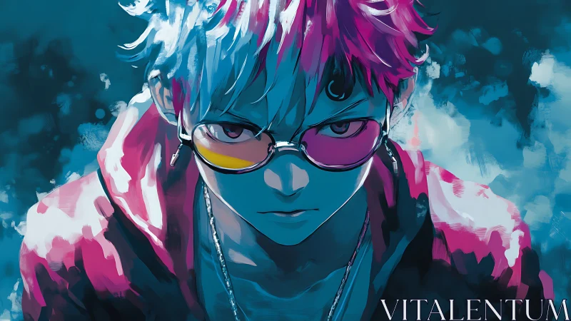 Stylized youth with dual hair color and tinted glasses stares