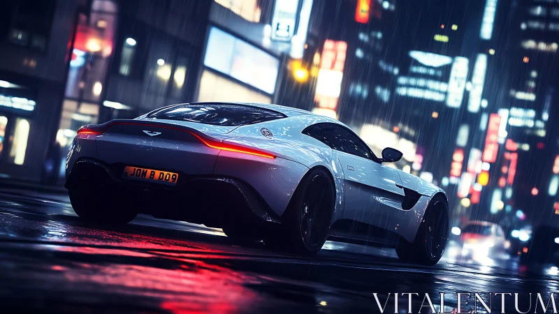 White sports coupe cuts neon city rain with reflective gloss.