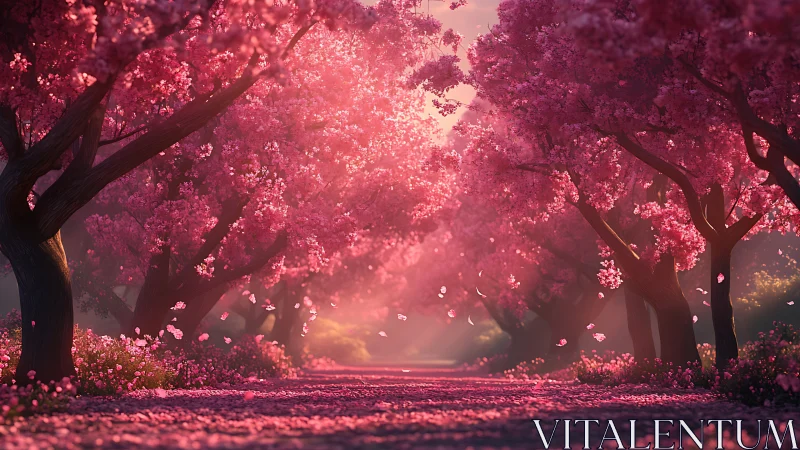 Cherry blossom tree avenue with dense pink canopy in light.
