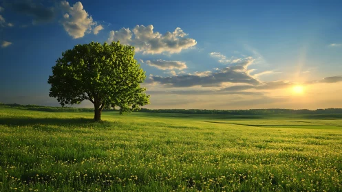 Solitary deciduous tree on sunlit meadow at golden hour