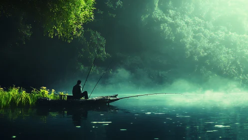 Solitary angler drifting through misty emerald river hush.