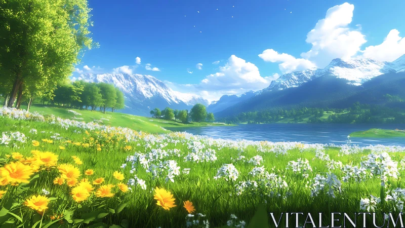 Digital alpine meadow with flowers by a clear lake.