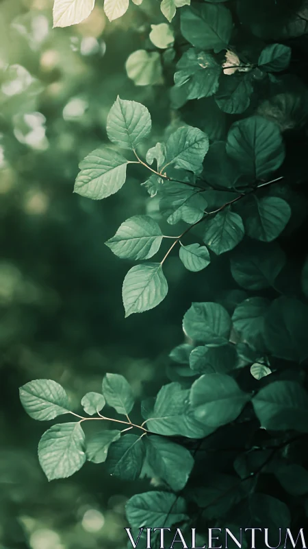 Gentle green leaves resting in soft, dreamy forest light.