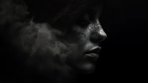 Side profile portrait of textured face emerging from smoke