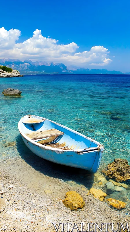 Weathered blue rowboat rests on clear turquoise shore
