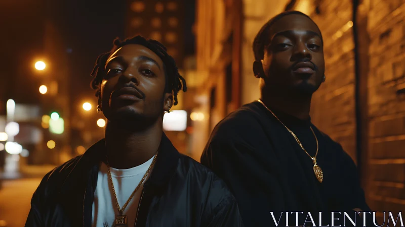 Two men in urban night alley with warm street lighting.