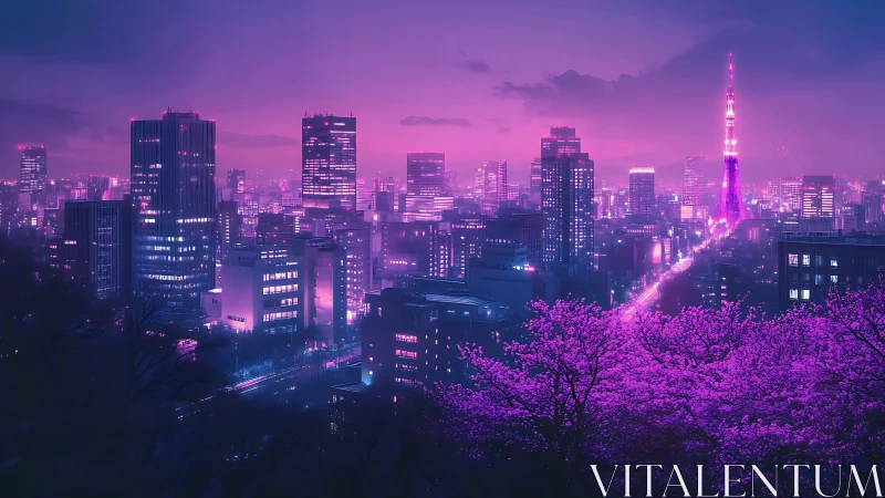 Urban skyline with tower and neon-lit cherry blossoms at dusk.