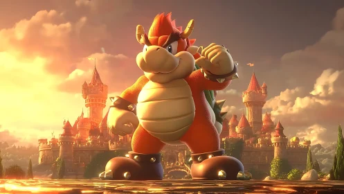 Sunlit castle standoff with a fiery, determined reptile hero.