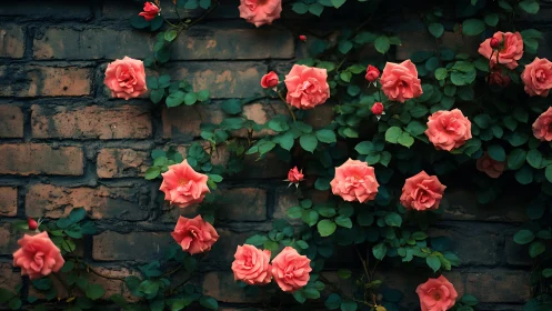 Vibrant coral roses flourish against weathered brick garden wall