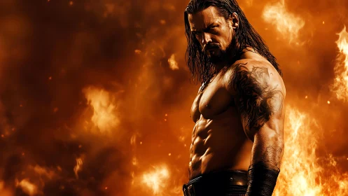 Shirtless muscular man stands before dense orange fire