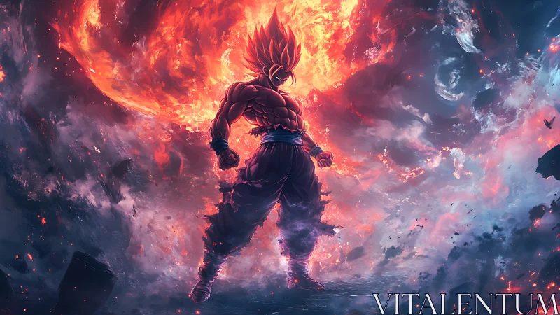 Fiery anime warrior amid cosmic explosion and storm clouds.