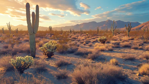 Cactus filled desert plain with distant mountain range at dusk.