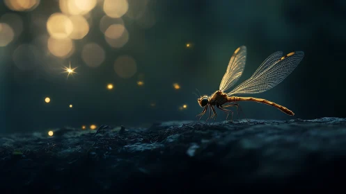 Dragonfly resting in soft golden forest twilight glow.