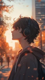 Headphoned dreamer strolls through ember soaked city dusk