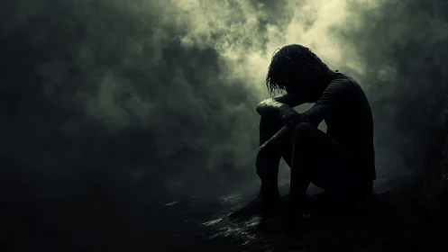 Solitary figure sits in darkness beneath stormy illuminated sky