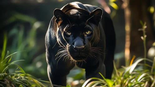 Black Panther in Jungle Setting with Golden Eyes