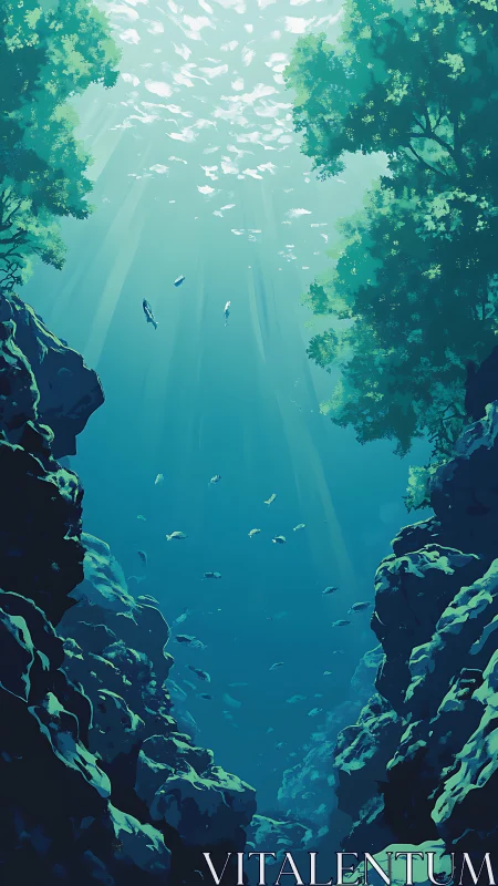 Underwater canyon shows fish, rock walls and surface light