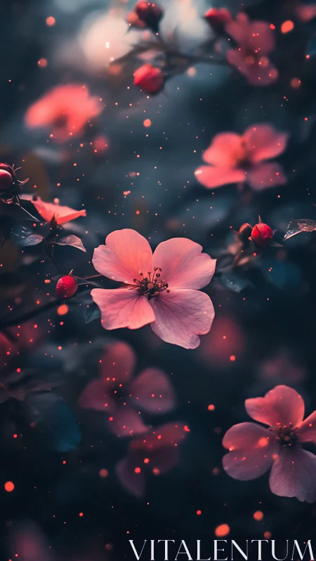 Pink Cherry Blossoms with Bokeh Particles in Dynamic Compositional Depth