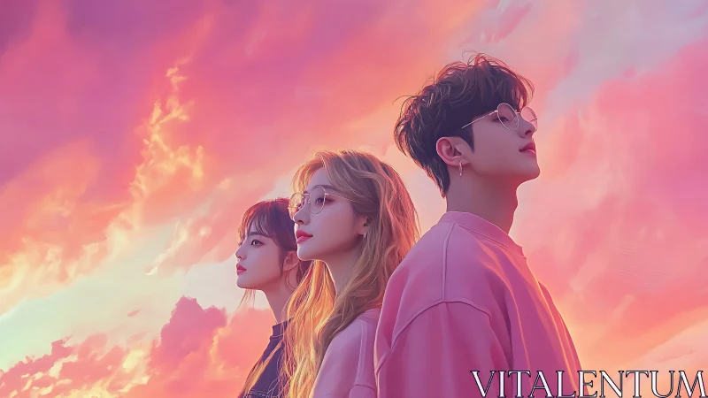 Triadic side-profile portrait under saturated pink gradient sky