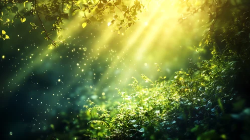 Volumetric sunbeams illuminate dense forest undergrowth realistically