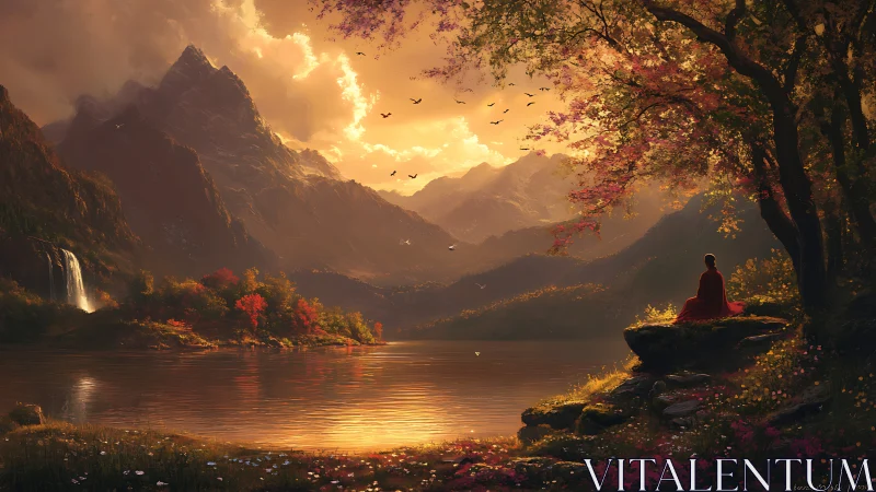 Meditative figure overlooking luminous autumn alpine lake.