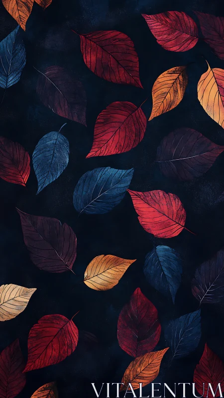 Fallen leaves are arranged across a dark textured surface