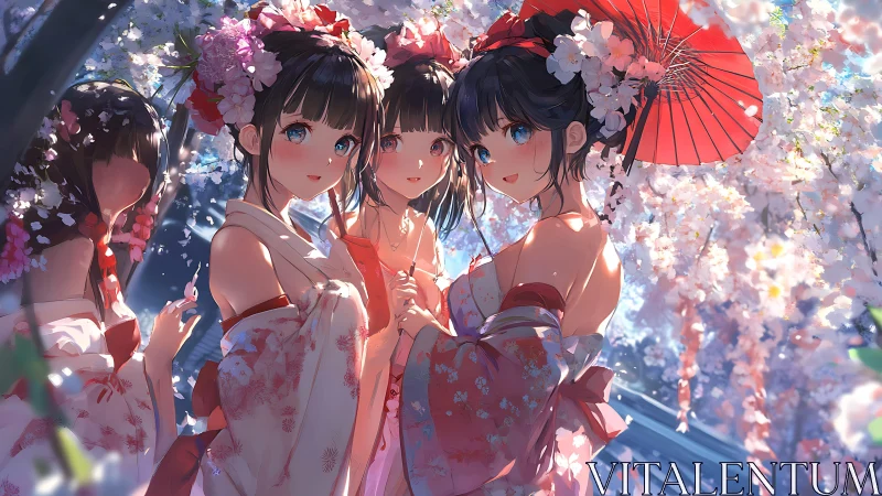 Cherry blossom girls share a gentle festival moment in spring