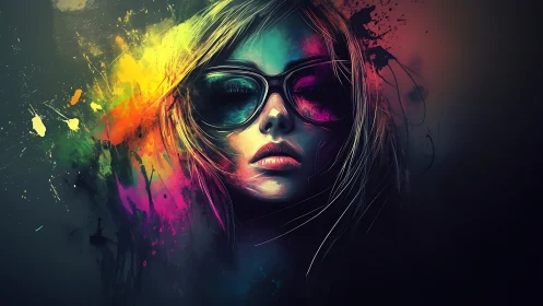 Neon-lit woman in sunglasses dissolves into vivid paint bursts.