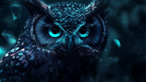 Mystical Owl Portrait in Neon Blue Digital Art Style.