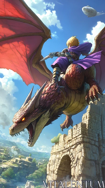 Knight rides red dragon above ruined stone fortress