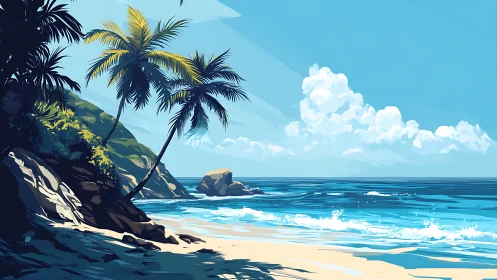 Coastal landscape with palm tree and rocky outcrops.