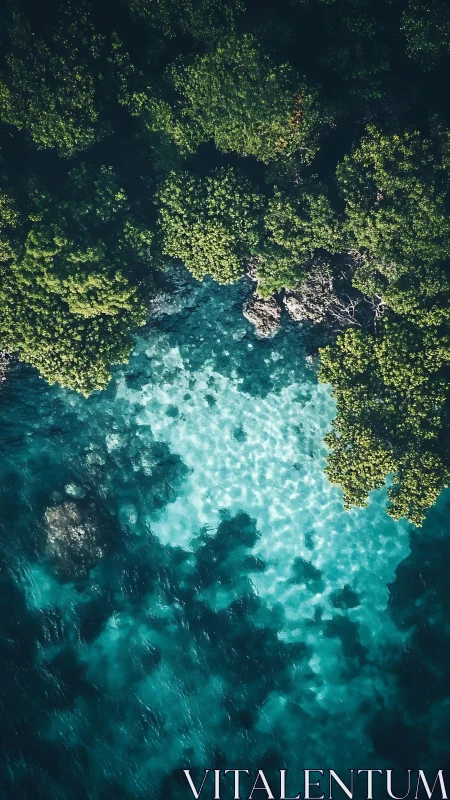 Emerald treetops lean over glassy turquoise shallows