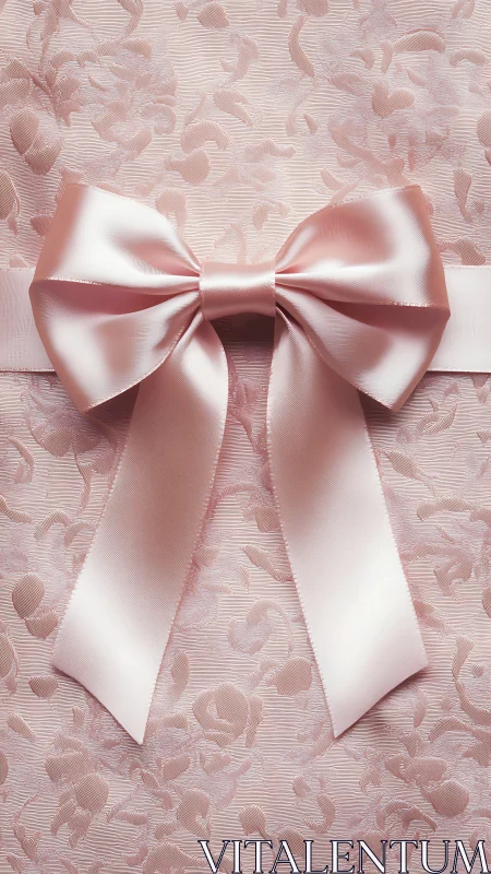Blush satin gift bow on textured floral fabric background.